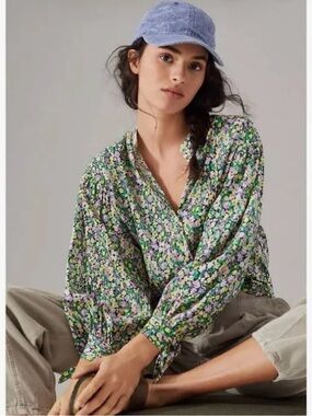 Maeve by Anthropologie Ashleigh floral blouse with tie cuffs
